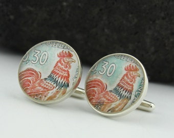 Silver Rooster Cufflinks for Men. Custom Men’s Cufflinks Handmade from Vintage French Rooster Stamps. Wedding Cufflinks or Corporate Gift.