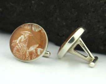 Japanese Silver Men’s Cufflinks. Handmade Silver Cufflinks for Men Featuring Vintage Rice Harvest Stamps. Brown Cufflinks for Wedding.