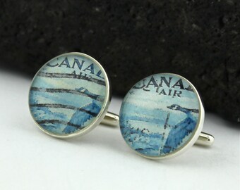 Goose Silver Cufflinks for Men. Unique Blue Cufflinks Handmade with Canadian Goose Stamps.  Great Wedding Cufflinks for Your Groomsmen.