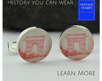 Paris Cufflinks, Vintage Postage Stamp Jewelry, Anniversary Gift for Husband