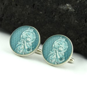 Silver Buddha Silver Cufflinks for Men. Custom Silver Cufflinks Handmade from Vintage Japanese Buddha Stamps. Onjo Bosatsu Cuff Links