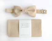 Neutral Wedding Set for Men Bow Tie & Pocket Handkerchief by BartekDesign: beige linen chic grooms rustic retro
