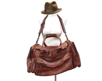 Vintage Brown Leather Duffel Bag Carry On Boho Weekender Tote Bag Made in Colombia