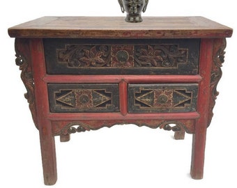 Antique Mongolian Chest Chinese Elm Console Table Dresser Hand Painted 3 Drawer Alter