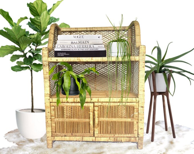 Vintage Rattan Bookshelf 32 Boho Shelving Unit Bookcase