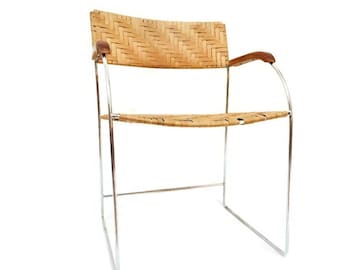 Vintage Chrome Arm Chair Woven Rush Seat Milo Baughman Style Desk Chair