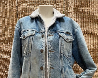 Vintage Wrangler Jean Jacket Sherpa Lined Distressed Denim Ranch Shearling Coat 1970s