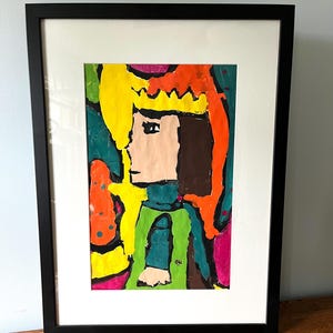 Vintage Original Portait painting abstract  18 x 24 framed Outsider Folk Art
