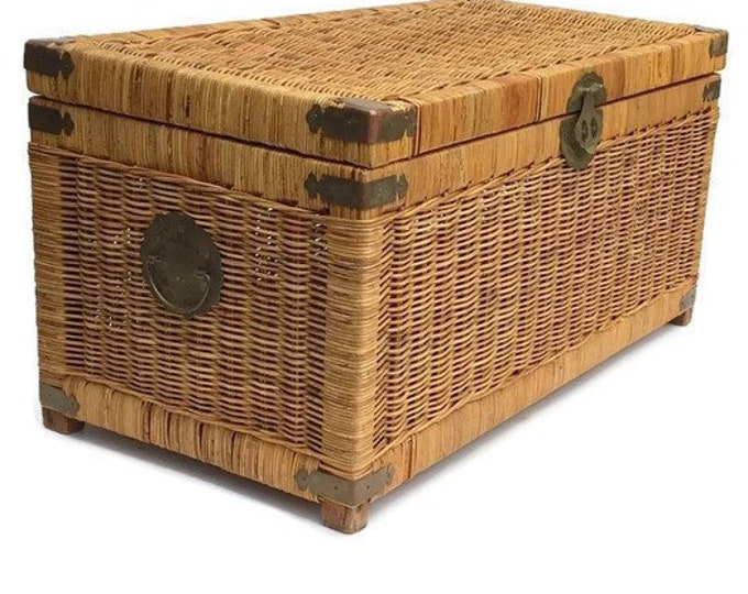 Vintage Rattan Trunk 32" Wicker Blanket Chest Brass Hardware - Etsy