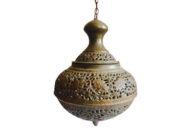 Vintage Moroccan Lantern Brass Chandelier Teardrop Pierced Brass Pendant Boho Decor Swag Light