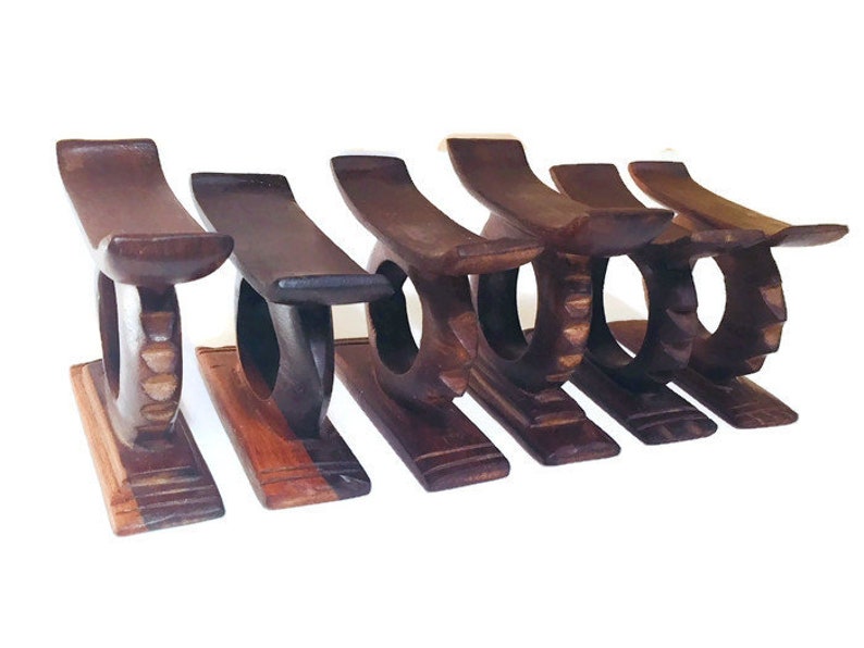 Vintage African Napkin Ring Holders Ashanti Stool Wood Carved Set of 6 Tribal Dining