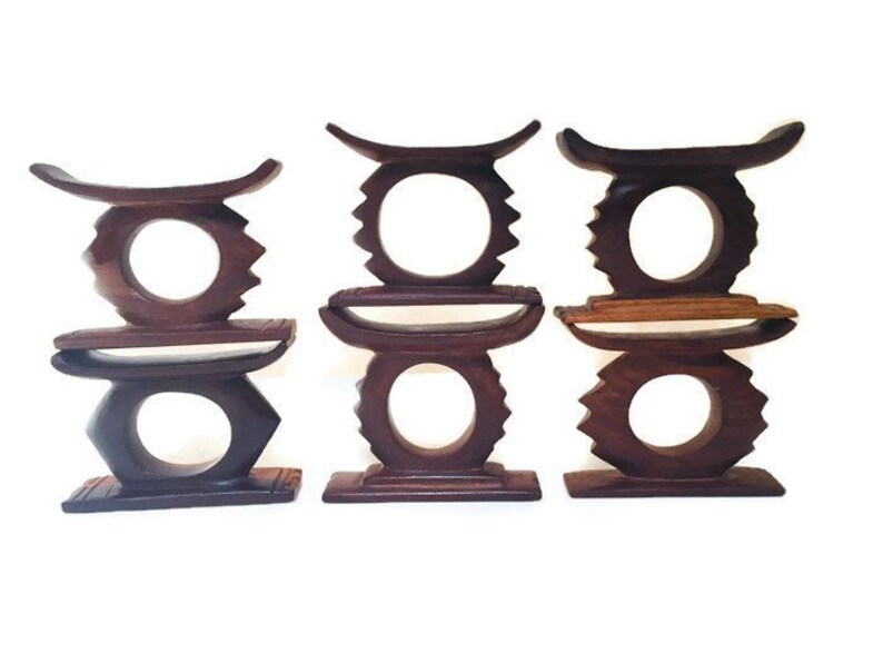 Vintage African Napkin Ring Holders Ashanti Stool Wood Carved Set of 6 Tribal Dining