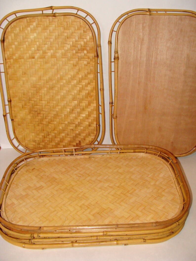 Set of 6 Vintage Rattan & Bamboo Serving Trays Lap Trays Table Etsy