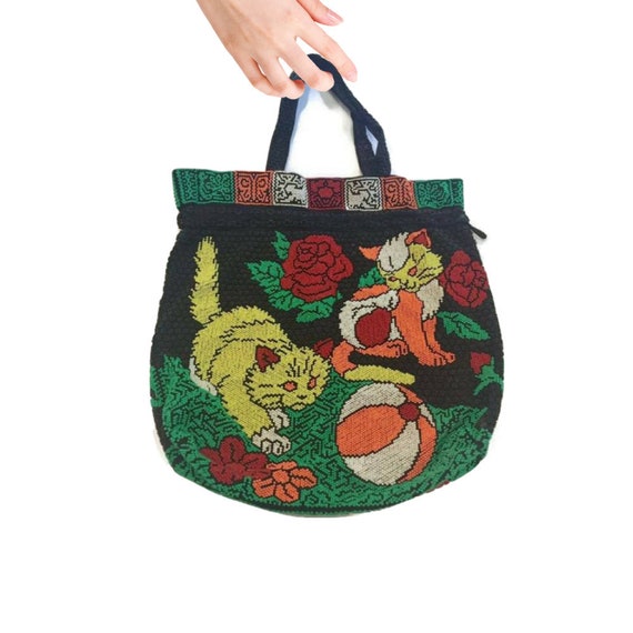 Vintage Beaded Purse 1960's Tote Bag Cat Bag Boho