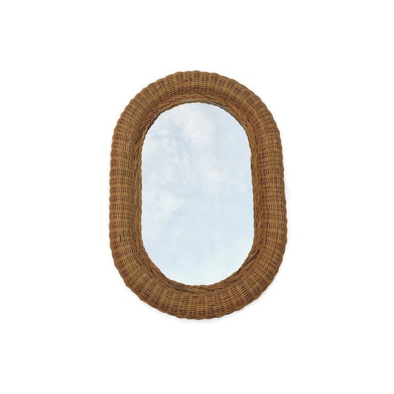 Vintage Wicker Mirror 29 Oblong Rattan Oval Console Or Dresser