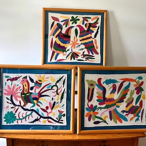 Vintage Mexican Otomi Textiles Framed Art Tenangos Collection Folk Art Wall
