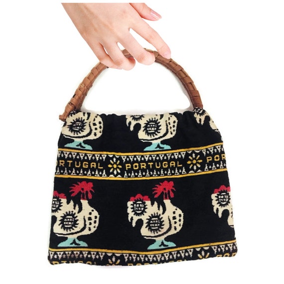 Vintage Textile Handbag Portugal Rattan Top Handle