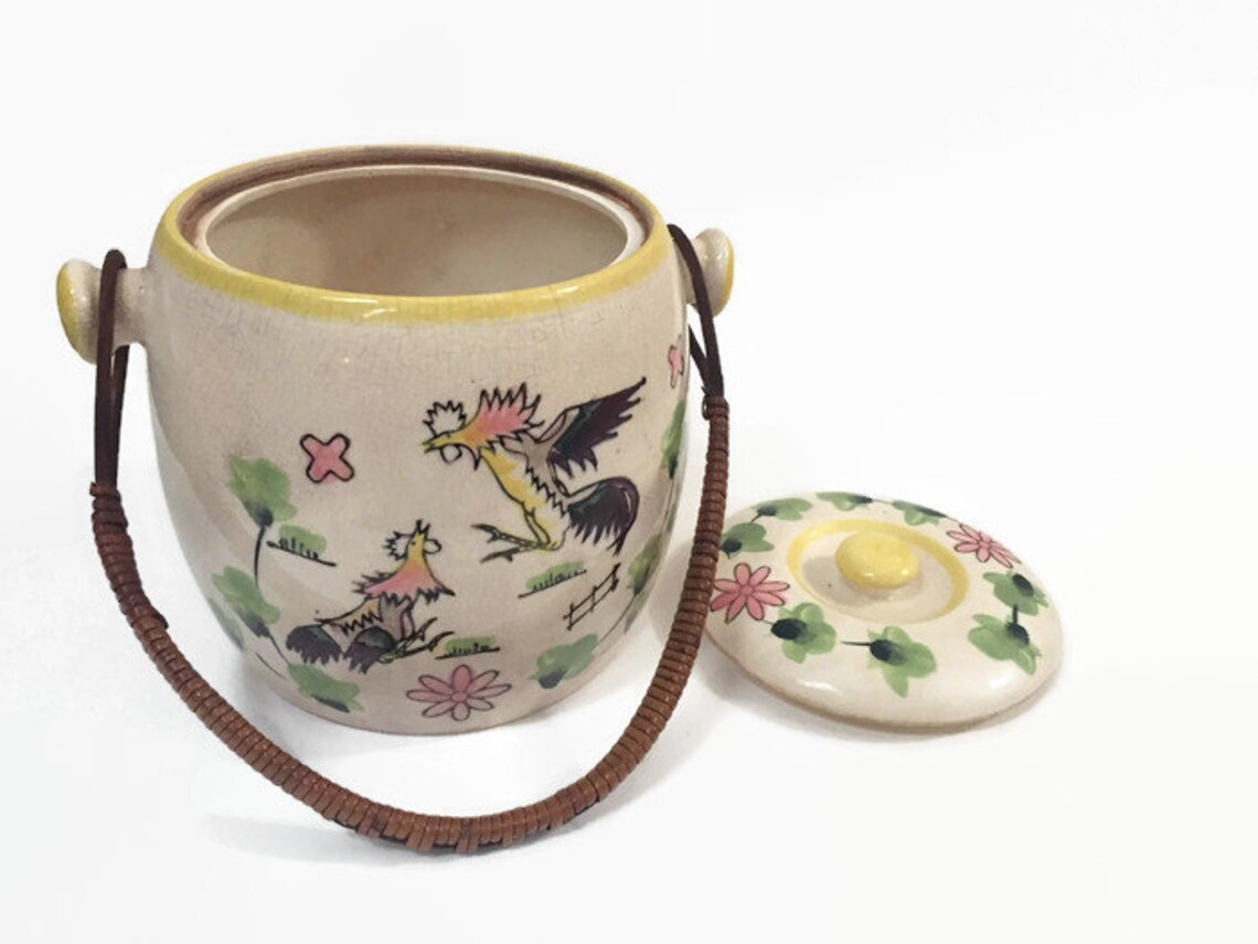 Antique Cookie Jar with Rattan Handle Hanging Storage Jar Boho Etsy
