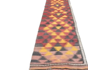 Antique Kilim Runner 13 FT Maldari Afghan Rug Tribal Rug Hand Knotted Wool Triangle Pattern