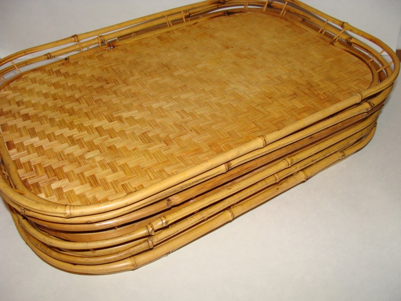 Set of 6 Vintage Rattan & Bamboo Serving Trays Lap Trays Table Etsy