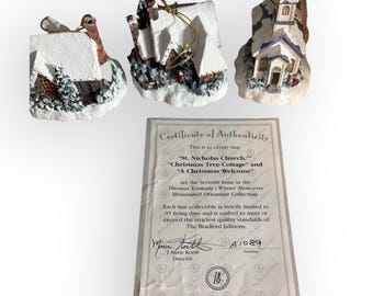 Thomas Kinkade Winter Memories Ornaments – Lot of 3 (With COA)“St. Nicholas Church,” “Christmas Tree Cottage,” and “A Christmas Welcome