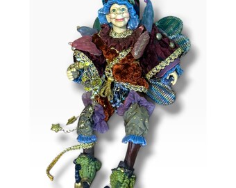 Retired Katherine’s Collection 16” Poseable Christmas Mardi Gras Jester Elf Doll – Wayne Kleski Style