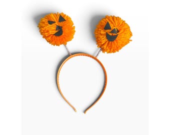 Halloween Pumpkin Pom-Pom Headband – Orange & Black – Spooky Fun Costume Accessory