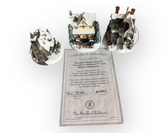 Thomas Kinkade Winter Memories Ornaments – Lot of 3 (With COA) “Moonlit Village Church,” “Victorian Christmas IV,” and “Winter Afternoon”