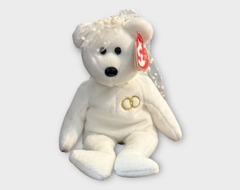 Ty Beanie Baby “Mrs.” Wedding Bear – White Bride Plush with Veil & Rings Embroidery