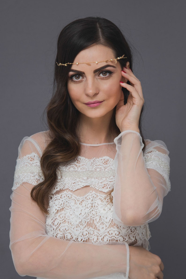 Gold leaf bridal forehead headband,crystal headchain jewelry,Greek goddess wedding crown,Leaves hair vine,Leaf Tiara,Leaf Halo,Crystal Tiara