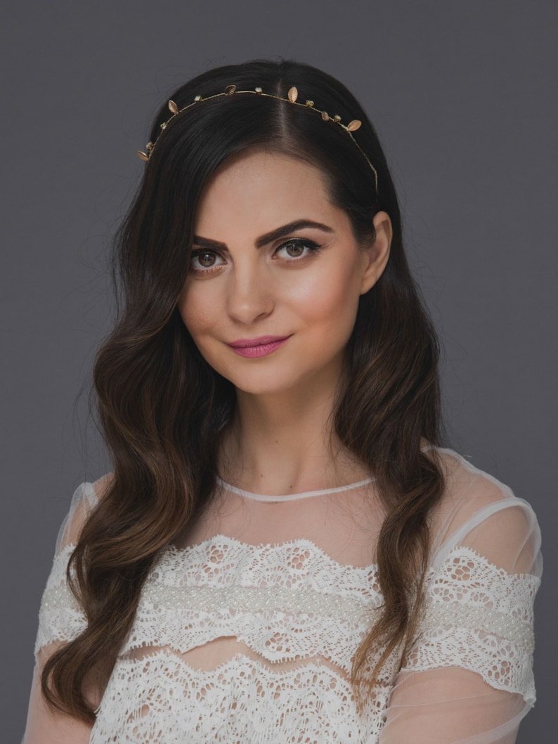 Gold leaf bridal forehead headband,crystal headchain jewelry,Greek goddess wedding crown,Leaves hair vine,Leaf Tiara,Leaf Halo,Crystal Tiara