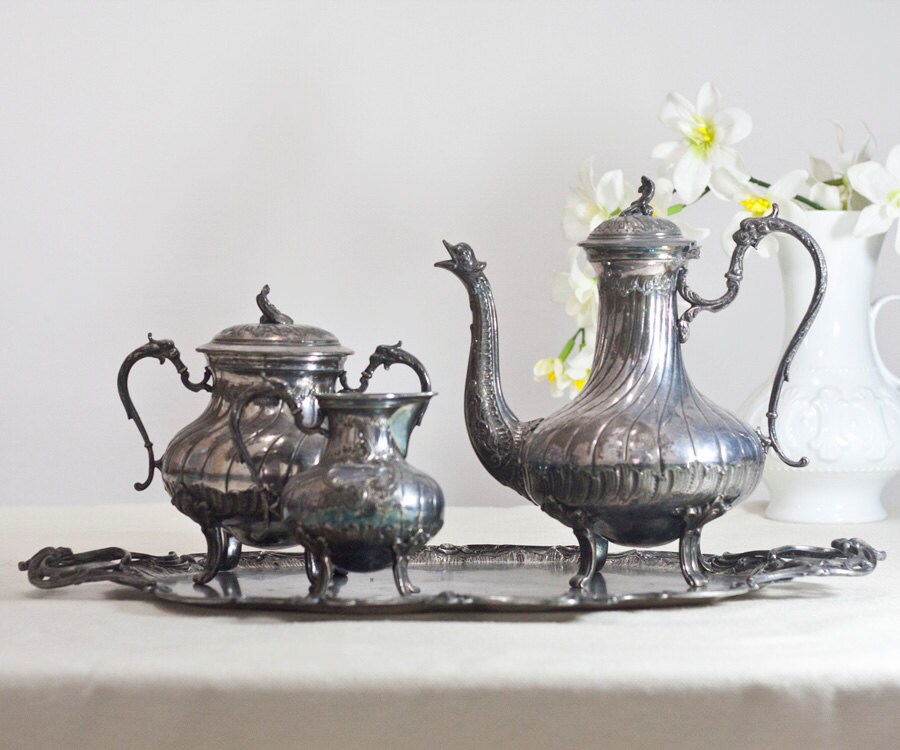 Antique Victorian Tea Set Silver Plated Pewter Vintage Tea or Etsy