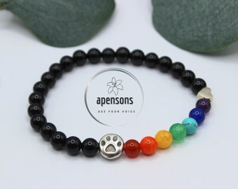 Rainbow Bridge | Black Onyx Gemstone | Pet Memorial Gift | Paw Print | Memory | Stretchy Bead Bracelet