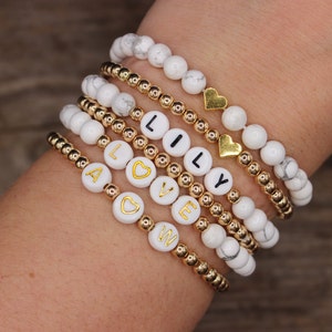 White Howlite Bead Bracelet | Custom Word Beaded Bracelets | Personalized Name Bracelets | Name Bracelet | White Marble Womens Bracelets