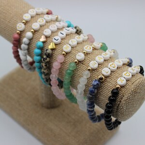 Mother's Day Gift ONE Natural Semi Precious Gemstone Bead Personalized CUSTOM Name Word Hematite Gold Bracelet image 3
