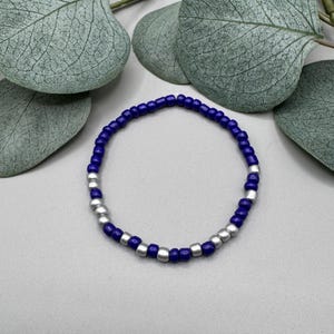 May include: A beaded bracelet featuring alternating navy blue and silver beads. The bracelet is circular and appears to be made of small, round beads strung together. The background includes green leaves.