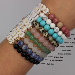 Mother's Day Gift ONE Natural Semi Precious Gemstone Bead Personalized CUSTOM Name Word Hematite Gold Bracelet image 10
