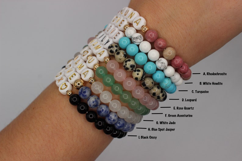 Mother's Day Gift ONE Natural Semi Precious Gemstone Bead Personalized CUSTOM Name Word Hematite Gold Bracelet image 10