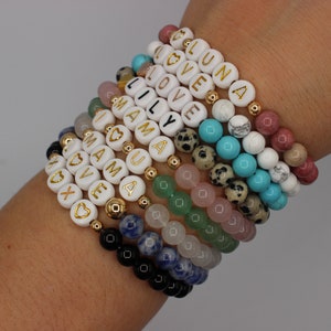 Mother's Day Gift ONE Natural Semi Precious Gemstone Bead Personalized CUSTOM Name Word Hematite Gold Bracelet image 7