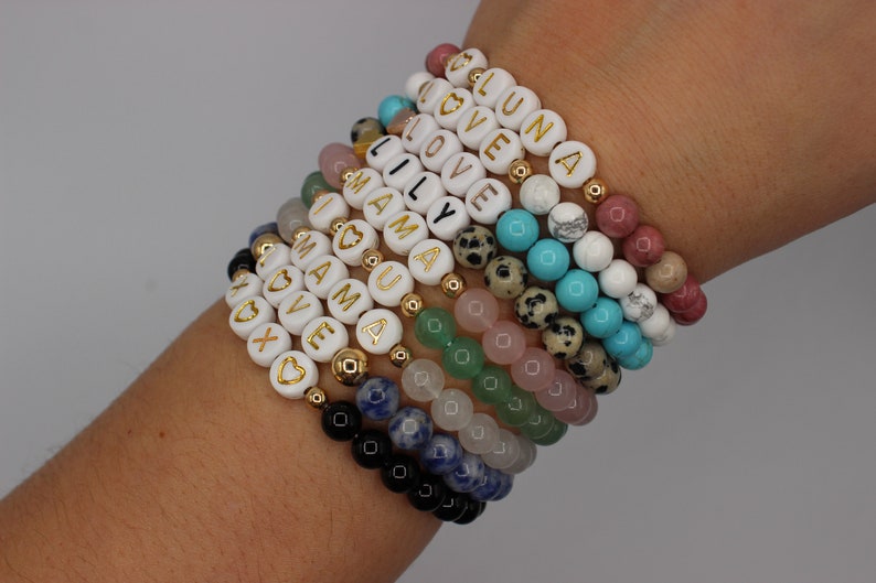 Mother's Day Gift ONE Natural Semi Precious Gemstone Bead Personalized CUSTOM Name Word Hematite Gold Bracelet image 7