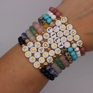 Mother's Day Gift ONE Natural Semi Precious Gemstone Bead Personalized CUSTOM Name Word Hematite Gold Bracelet image 6