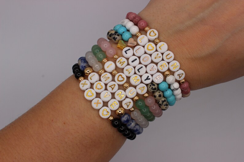 Mother's Day Gift ONE Natural Semi Precious Gemstone Bead Personalized CUSTOM Name Word Hematite Gold Bracelet image 6