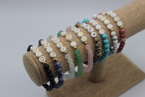 Mother's Day Gift ONE Natural Semi Precious Gemstone Bead Personalized CUSTOM Name Word Hematite Gold Bracelet