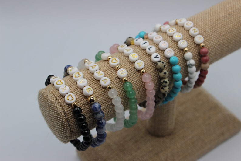 Mother's Day Gift ONE Natural Semi Precious Gemstone Bead Personalized CUSTOM Name Word Hematite Gold Bracelet image 1