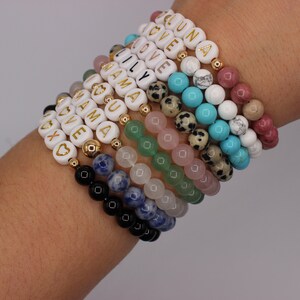 Mother's Day Gift ONE Natural Semi Precious Gemstone Bead Personalized CUSTOM Name Word Hematite Gold Bracelet image 8
