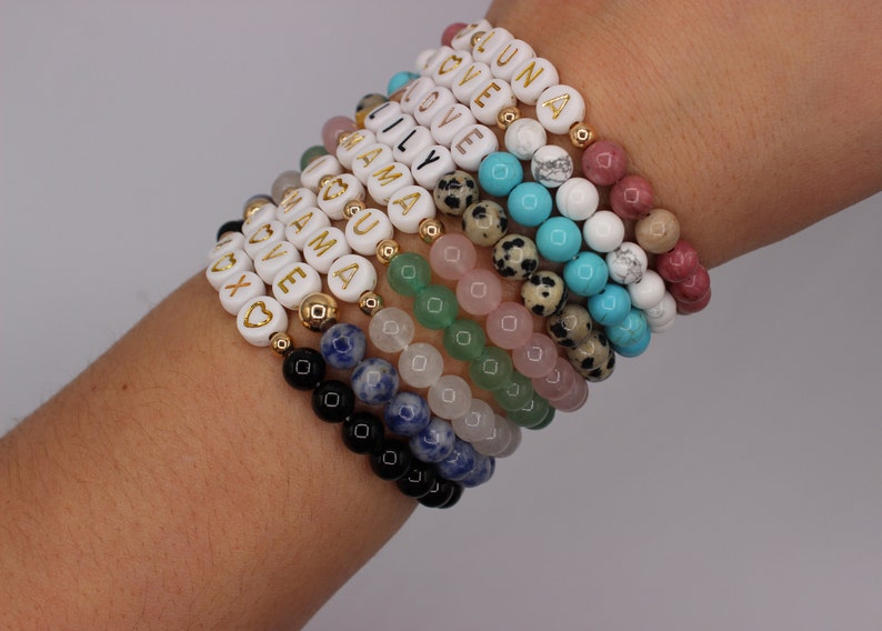 Mother's Day Gift ONE Natural Semi Precious Gemstone Bead Personalized CUSTOM Name Word Hematite Gold Bracelet image 8
