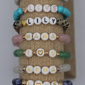 Mother's Day Gift ONE Natural Semi Precious Gemstone Bead Personalized CUSTOM Name Word Hematite Gold Bracelet image 4