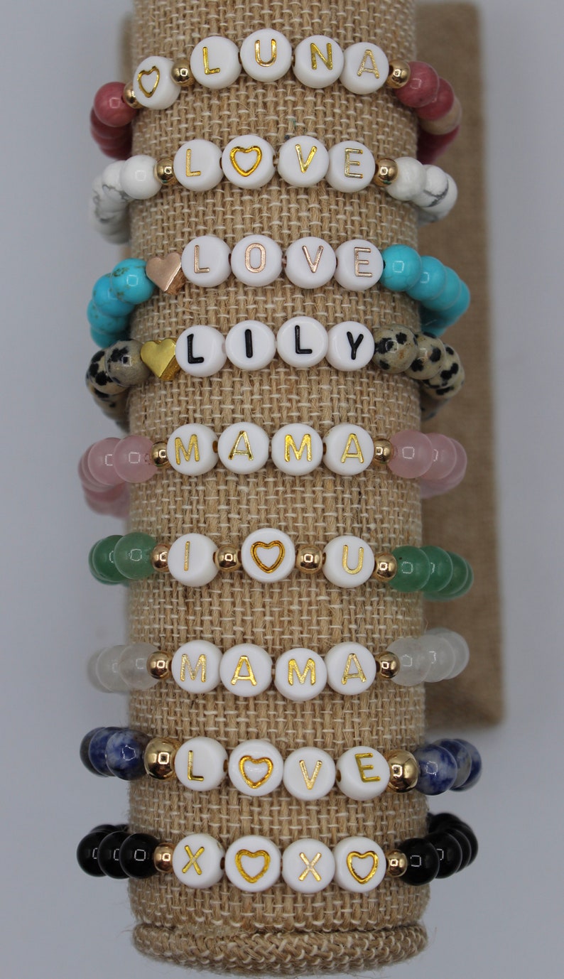 Mother's Day Gift ONE Natural Semi Precious Gemstone Bead Personalized CUSTOM Name Word Hematite Gold Bracelet image 4