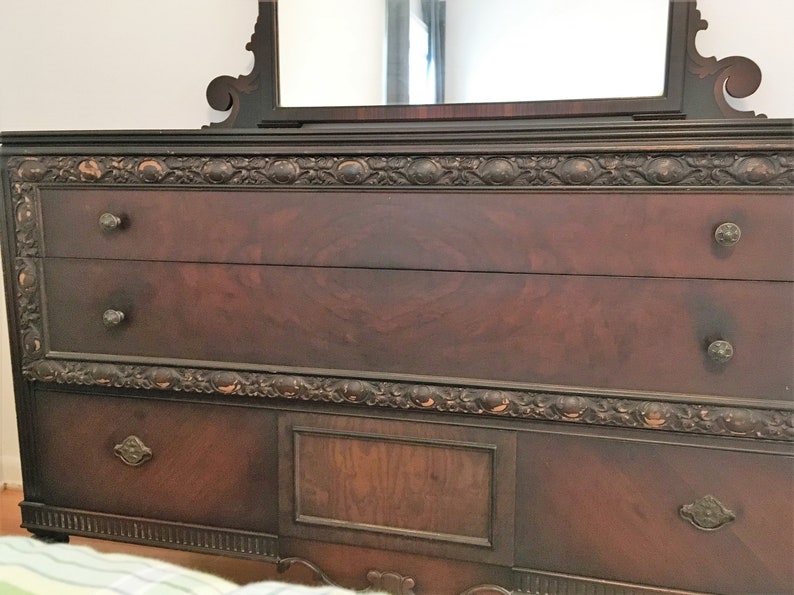 Vintage 1920 1930s Jacobean Revival Style Dresser With Mirror Etsy