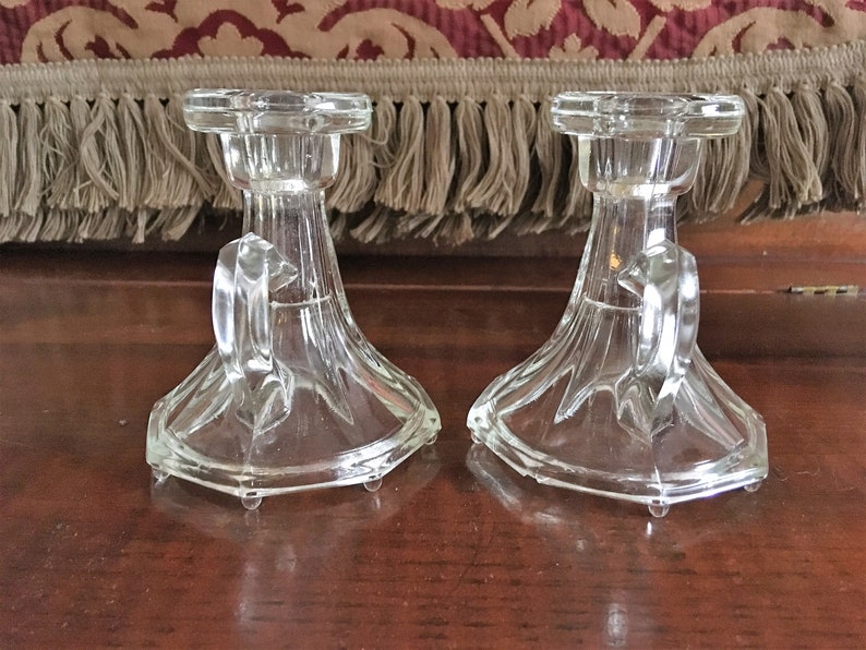 Vintage Colonial Pressed Glass Candle Holder With Handles & Etsy